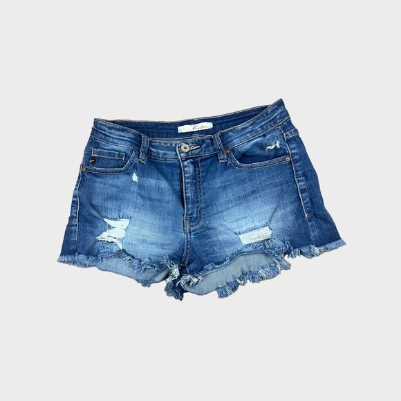 KanCun Daphne Mid Rise Shorts | Medium | Faded Dark Blue, Frayed Hem - Picture 3 of 9